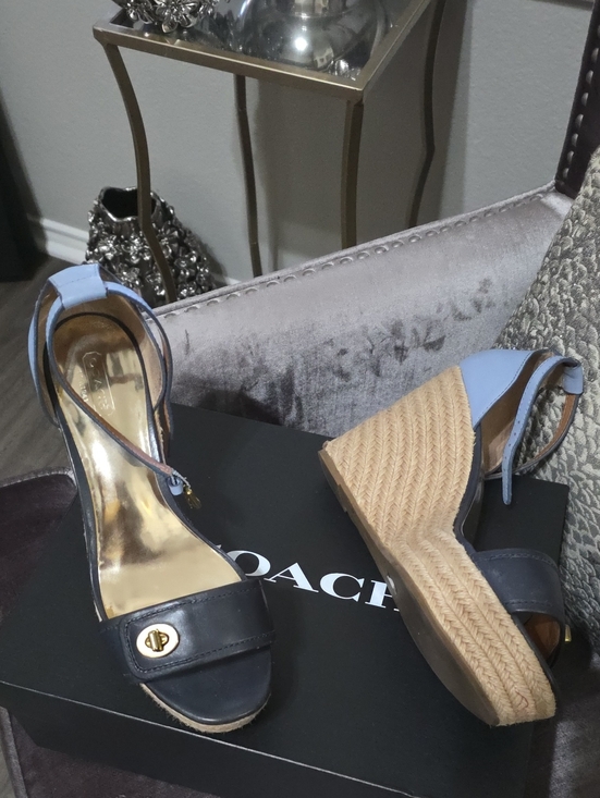 Coach Shoes - Coach Sky Blue and Navy Espadrille Wedge Sandals with Ankle Strap